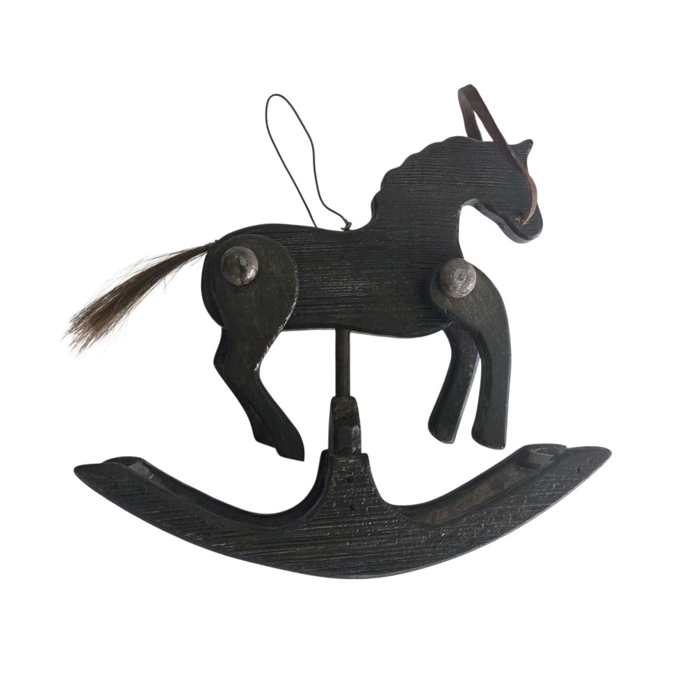 Vintage Wooden Rocking Horse Christmas Ornament Rustic Legs Move Horse Hair Mane